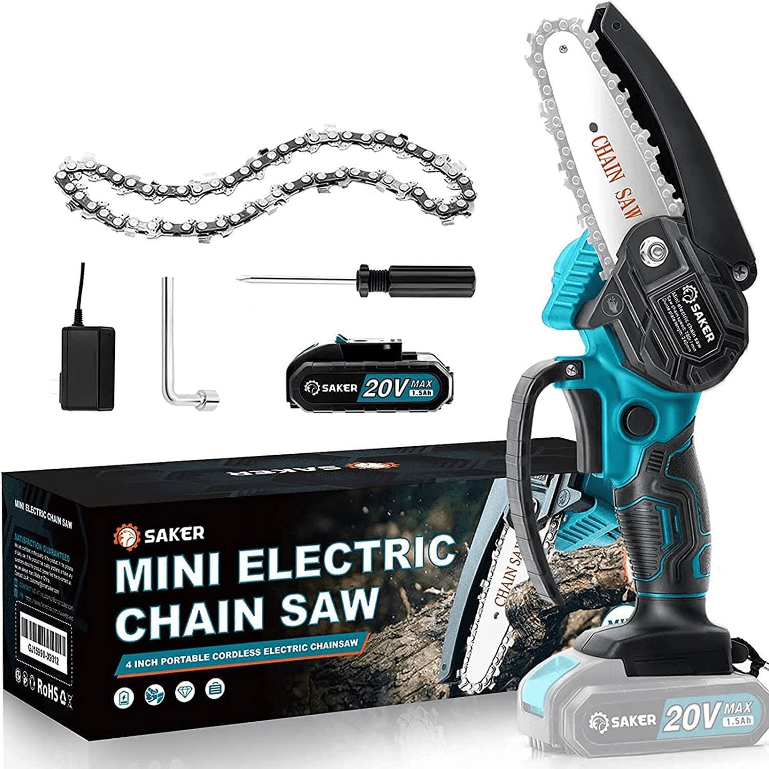 4 Inch Mini Chainsaw, Portable Electric Chainsaw, Cordless Handheld Chain Saw Pruning Shears Chainsaw for Tree Branches , Courtyard, Household and Garden( Chainsaw + 1 Battery)