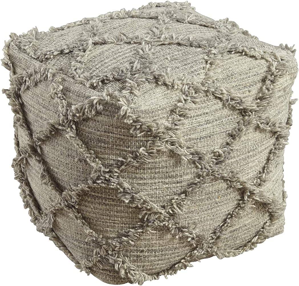 Signature Design by  Adelphie Chevron Natural Wool Pouf, 16 x 16 In, Neutral Gray
