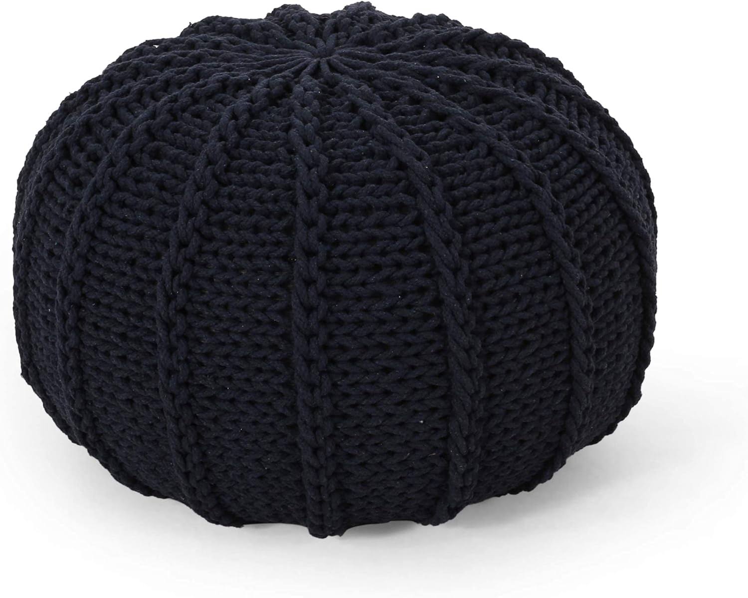 Christopher Knight Home Corisande Modern Knitted Cotton Round Pouf, Dark Blue