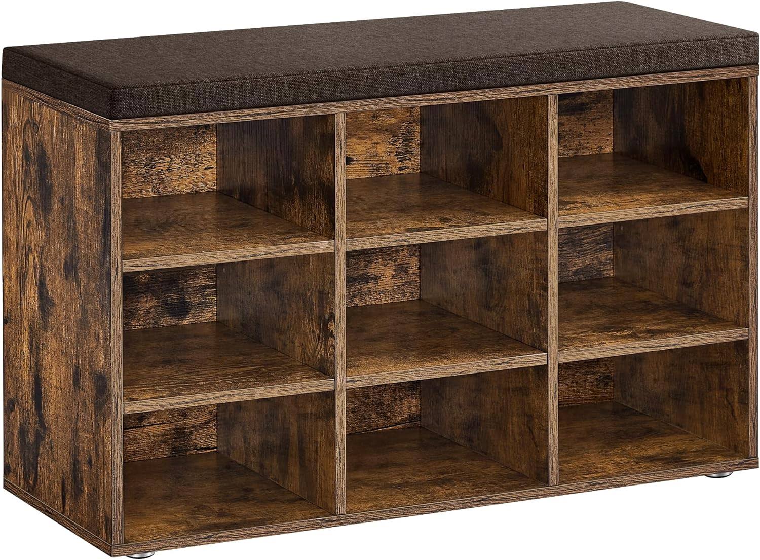 Shoe Bench with Cushion, Storage Bench with Padded Seat, Entryway Bench with 9 Compartments, Adjustable Shelves, for Bedroom, 11.9 x 30.9 x 18.9 Inches, Rustic Brown and Brown ULHS009B01