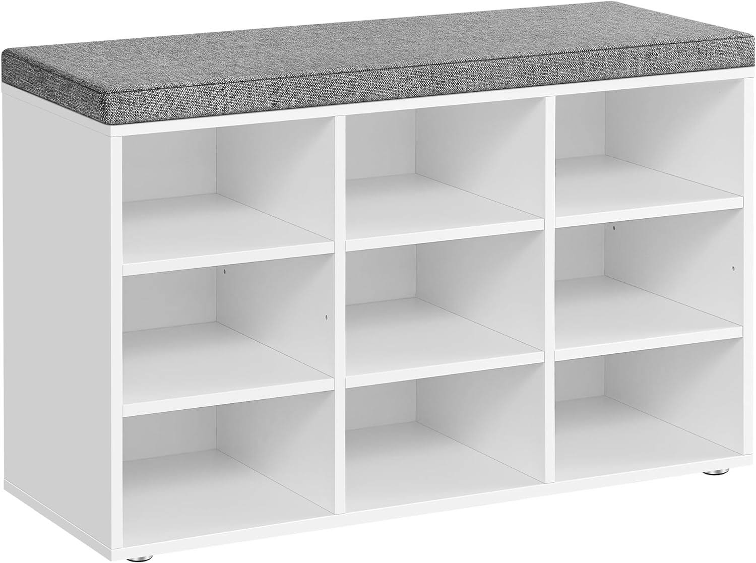 Shoe Bench with Cushion, Storage Bench with Padded Seat, Entryway Bench with 9 Compartments, Adjustable Shelves, for Bedroom, 11.9 x 30.9 x 18.9 Inches, White and Gray ULHS009W14