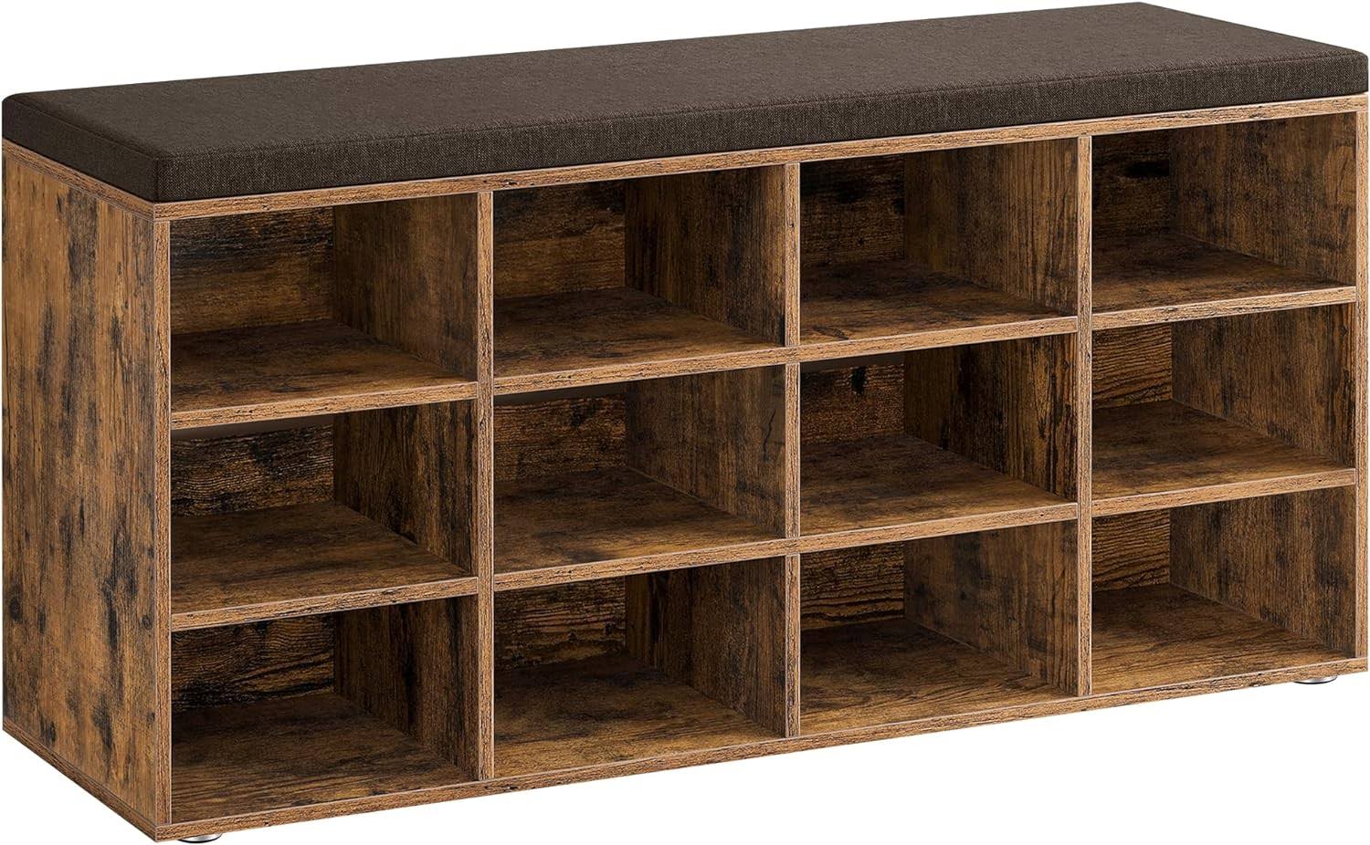 Shoe Bench with Cushion, Storage Bench with Padded Seat, Entryway Bench with 12 Compartments, Adjustable Shelves, for Bedroom, 11.9 x 40.9 x 18.9 Inches, Rustic Brown and Brown ULHS012B01