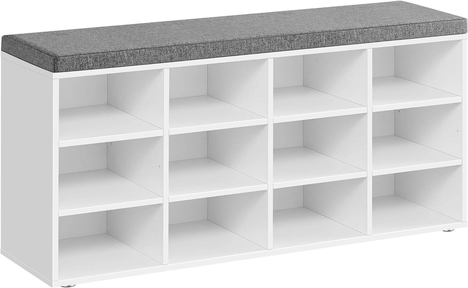 Shoe Bench with Cushion, Storage Bench with Padded Seat, Entryway Bench with 12 Compartments, Adjustable Shelves, for Bedroom, 11.9 x 40.9 x 18.9 Inches, White and Gray ULHS012W14