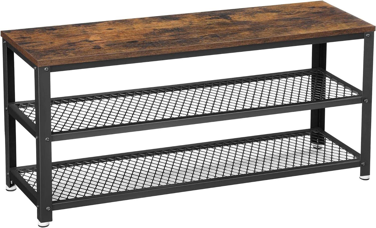 Shoe Bench, 3-Tier Shoe Rack, 11.8 x 39.4 x 17.7 Inches Shoe Shelf Storage Bench with Metal Mesh Shelves and Seat, Free Standing Shoe Organizer for Entryway, Rustic Brown and Black