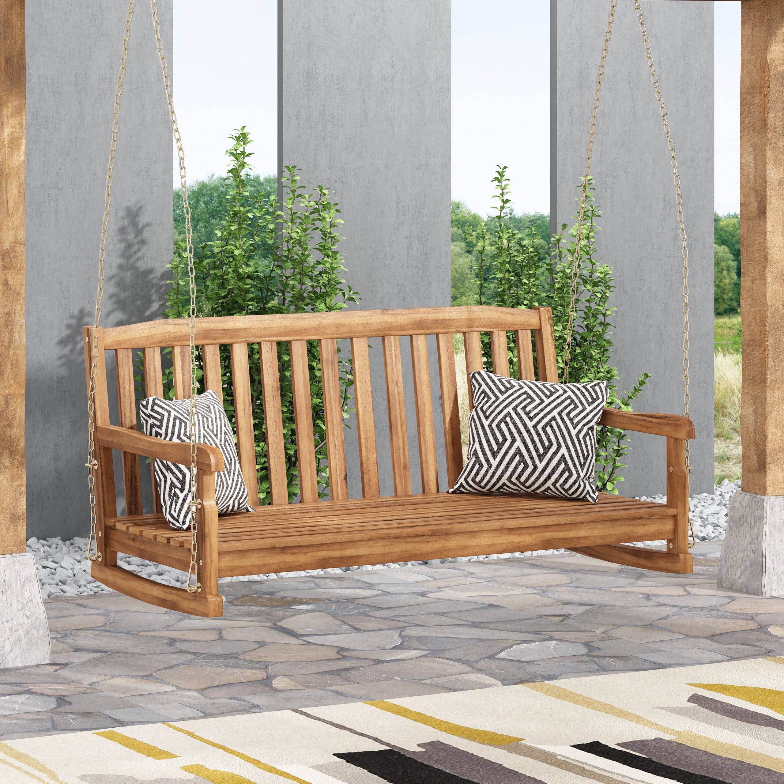 Pochelon Acacia Wood Outdoor Hanging Porch Swing, Teak