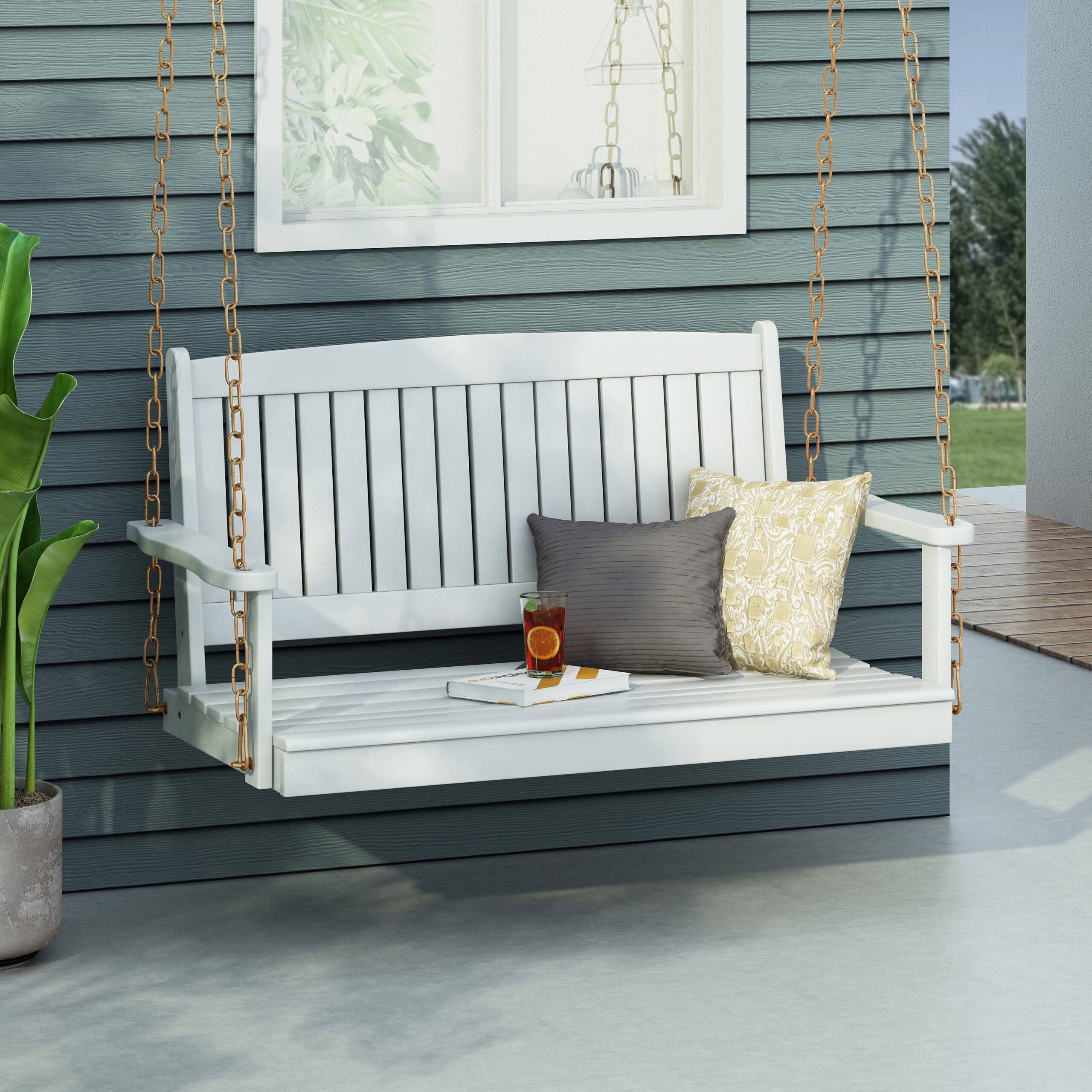 Maximo Hanging Acacia Wood Porch Swing   White/Silver