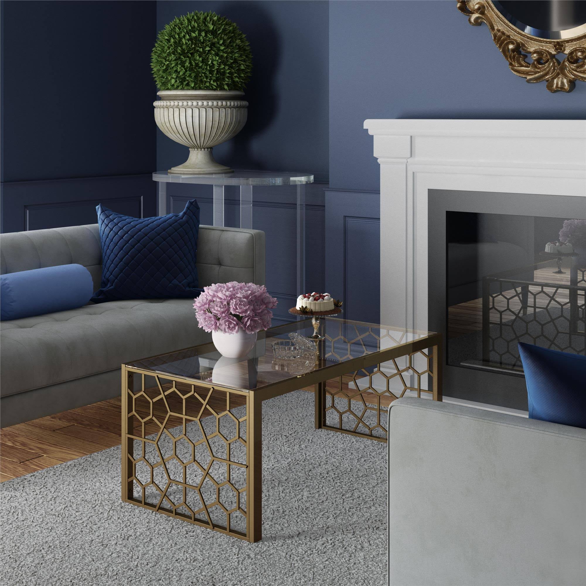 CosmoLiving Juliette Glass Top Coffee Table, Brass, Tempered Glass