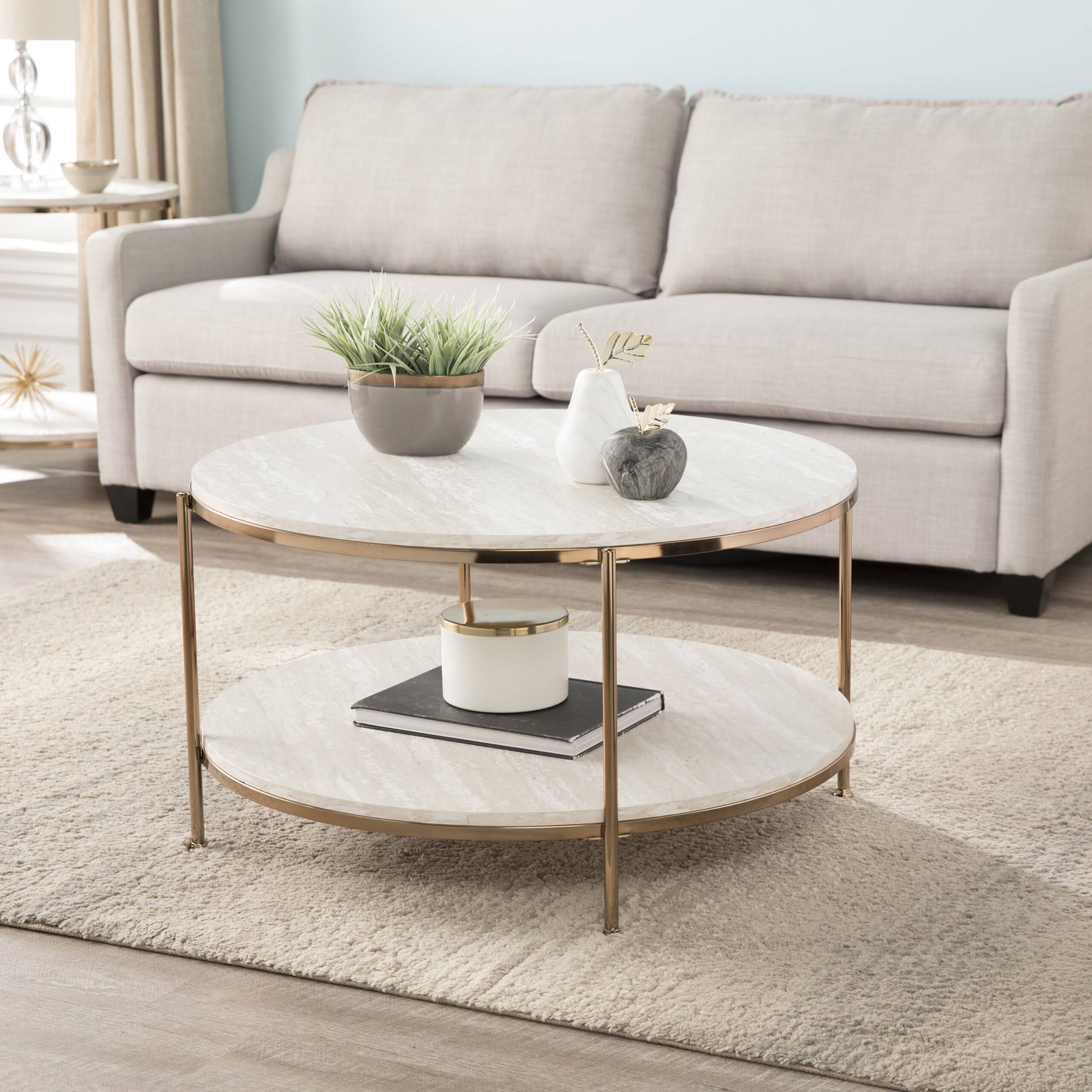 SEI Ojana Modern Metal and Faux Travertine 2 Tier Round Coffee Table, White