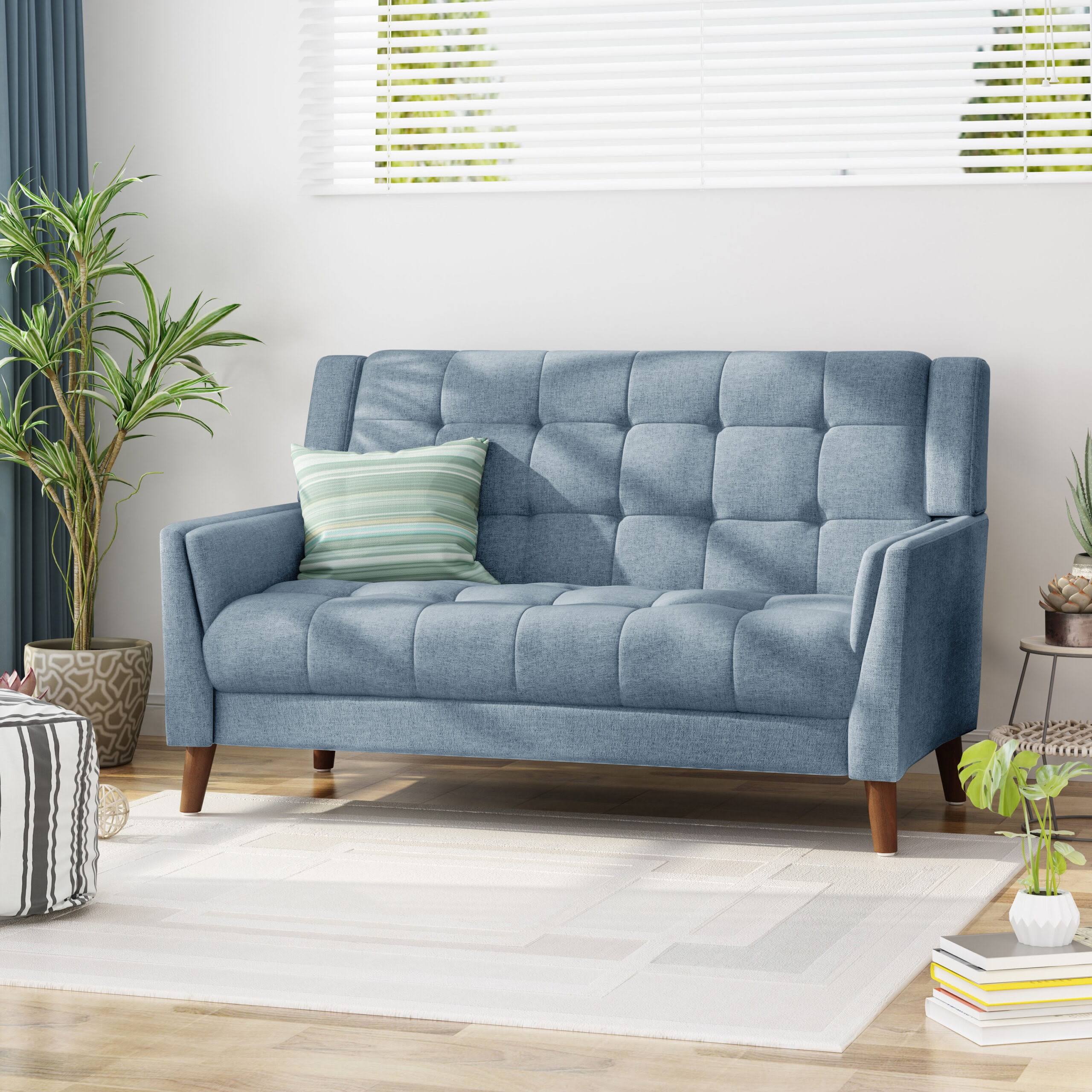Laiah Mid Century Modern Fabric Tufted Loveseat, Blue