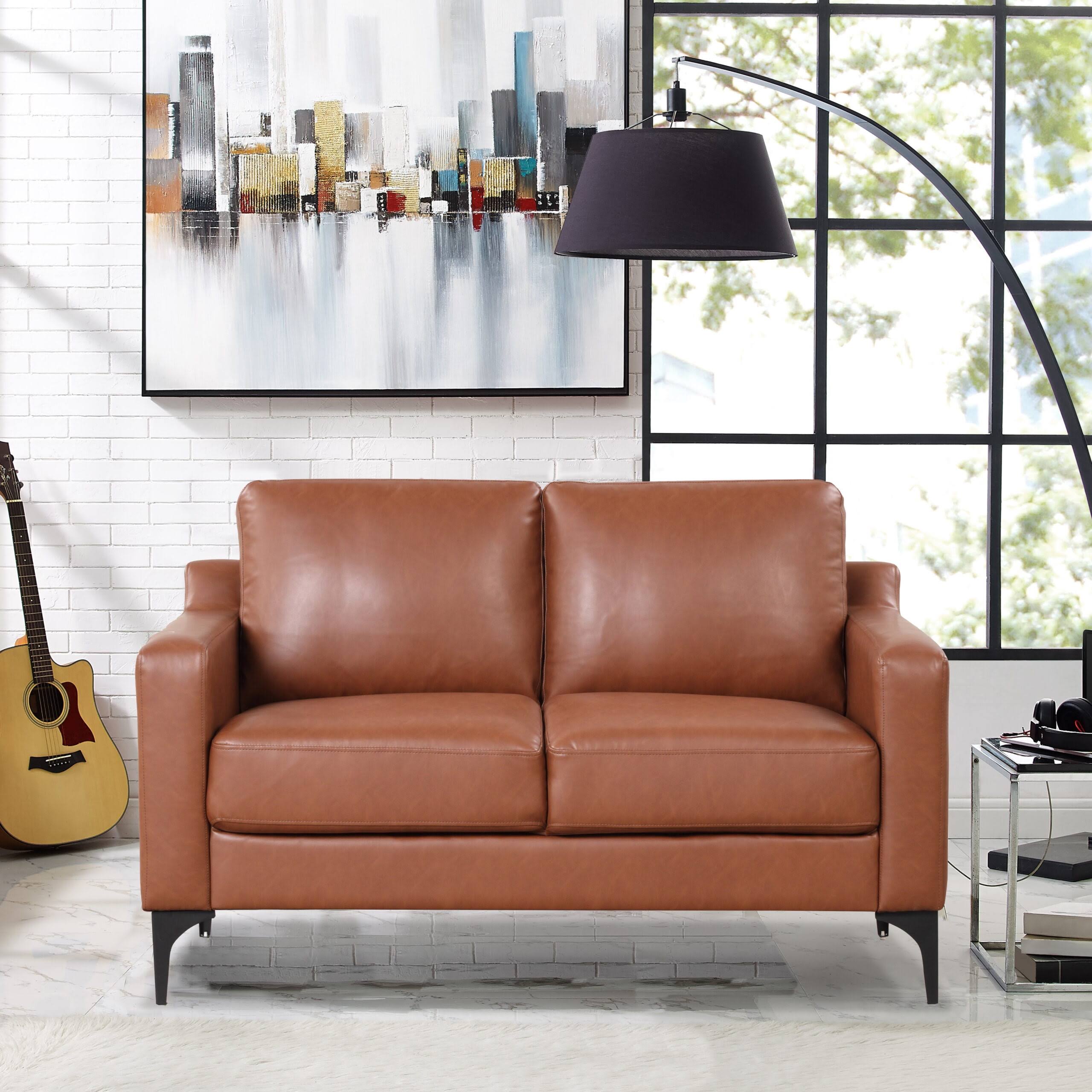 Hemsworth Mid-Century Modern Style 2 Seater Indoor Loveseat, Brown Faux Leather
