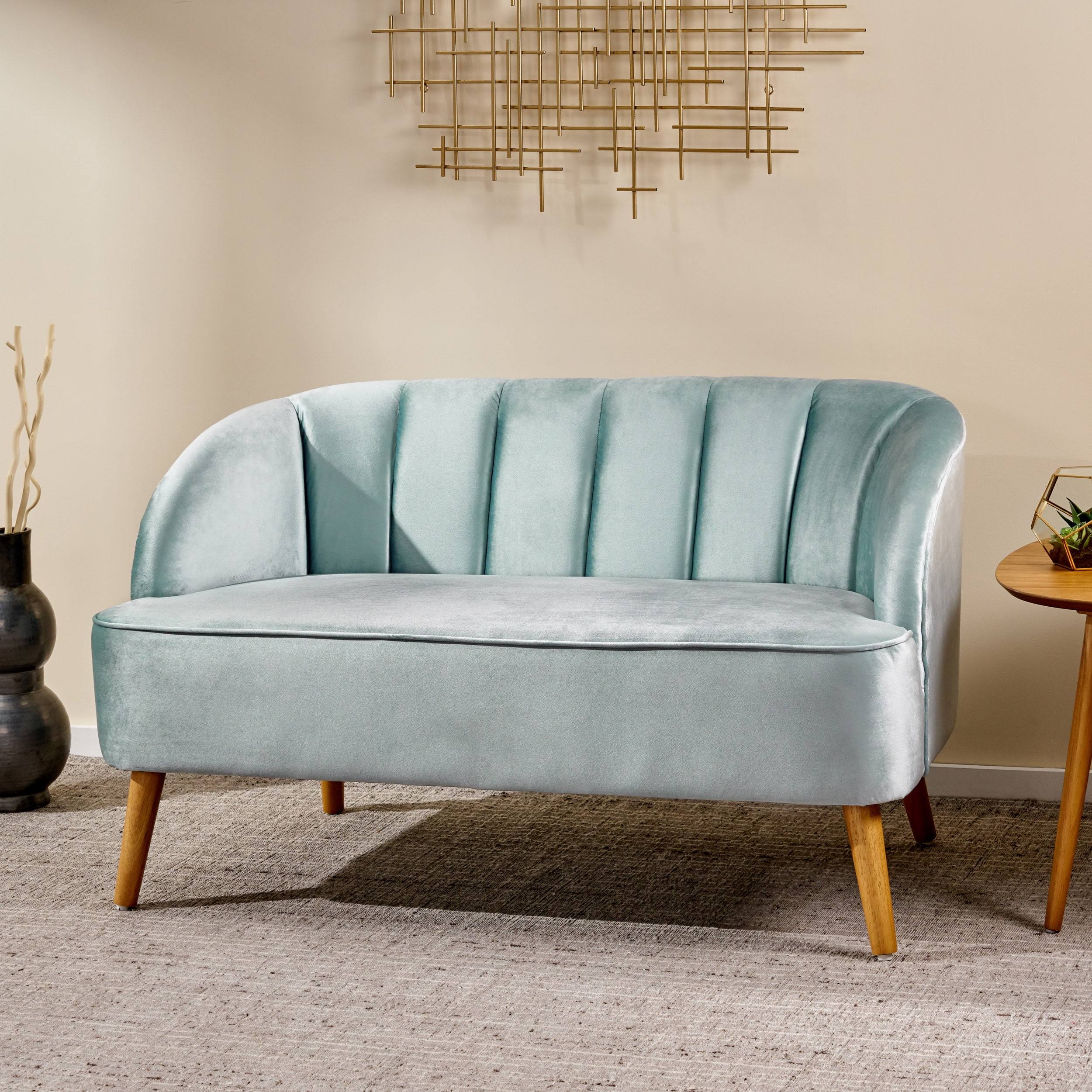 Albert Indoor Modern Velvet Scalloped Loveseat, Seafoam Blue