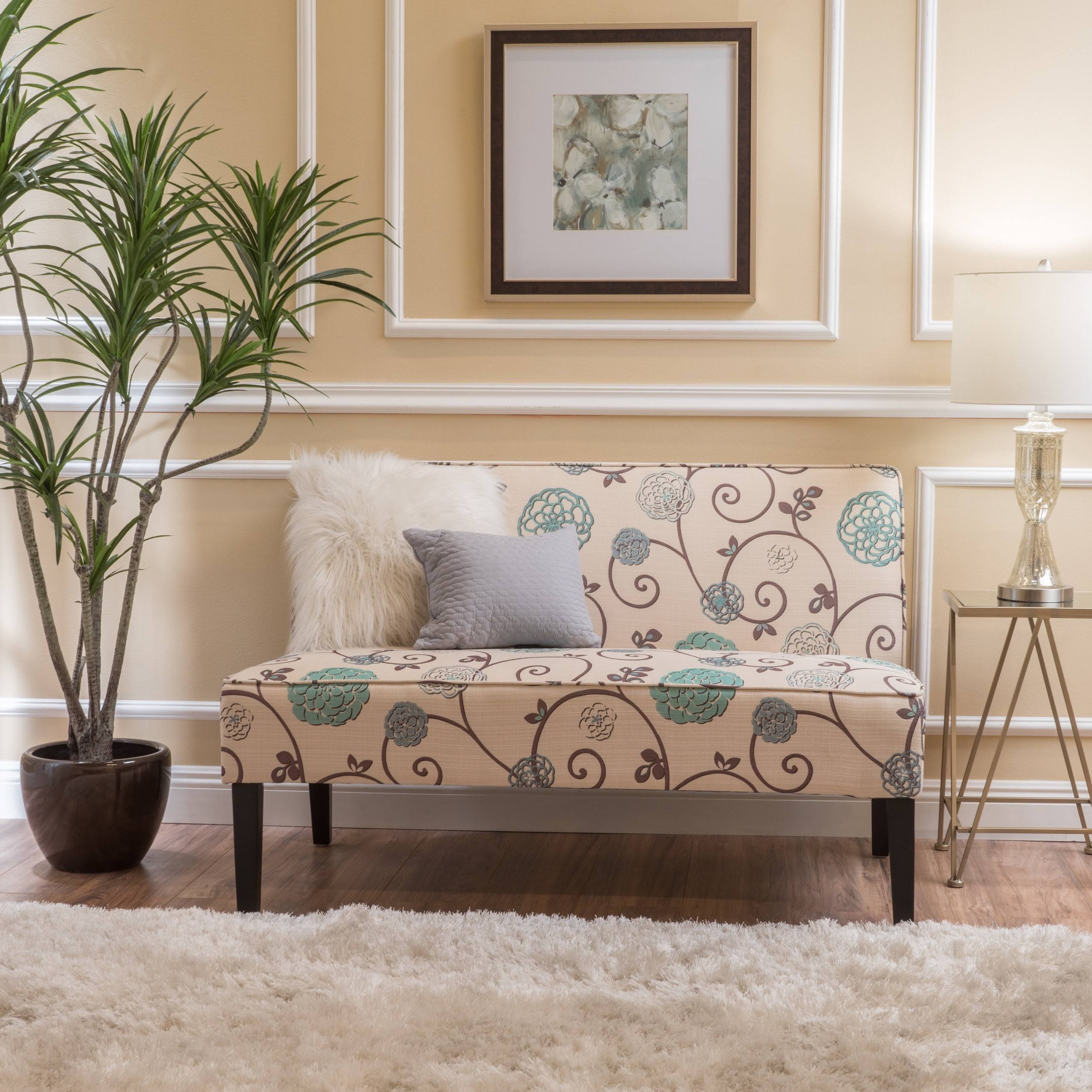Darnell White and Blue Floral Fabric Armless Love Seat