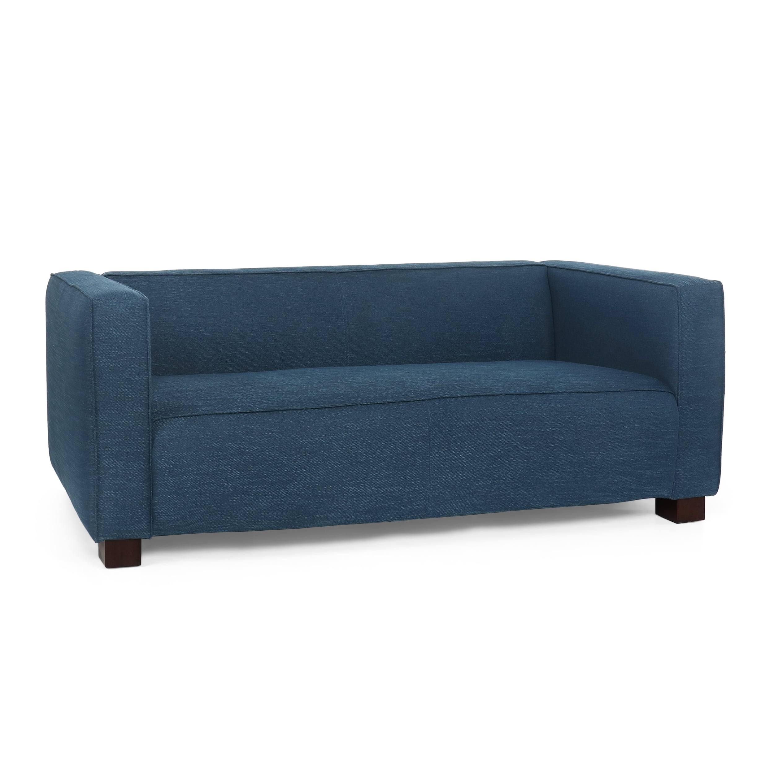 Bartram Indoor Fabric Upholstered Loveseat, Navy Blue and Dark Walnut