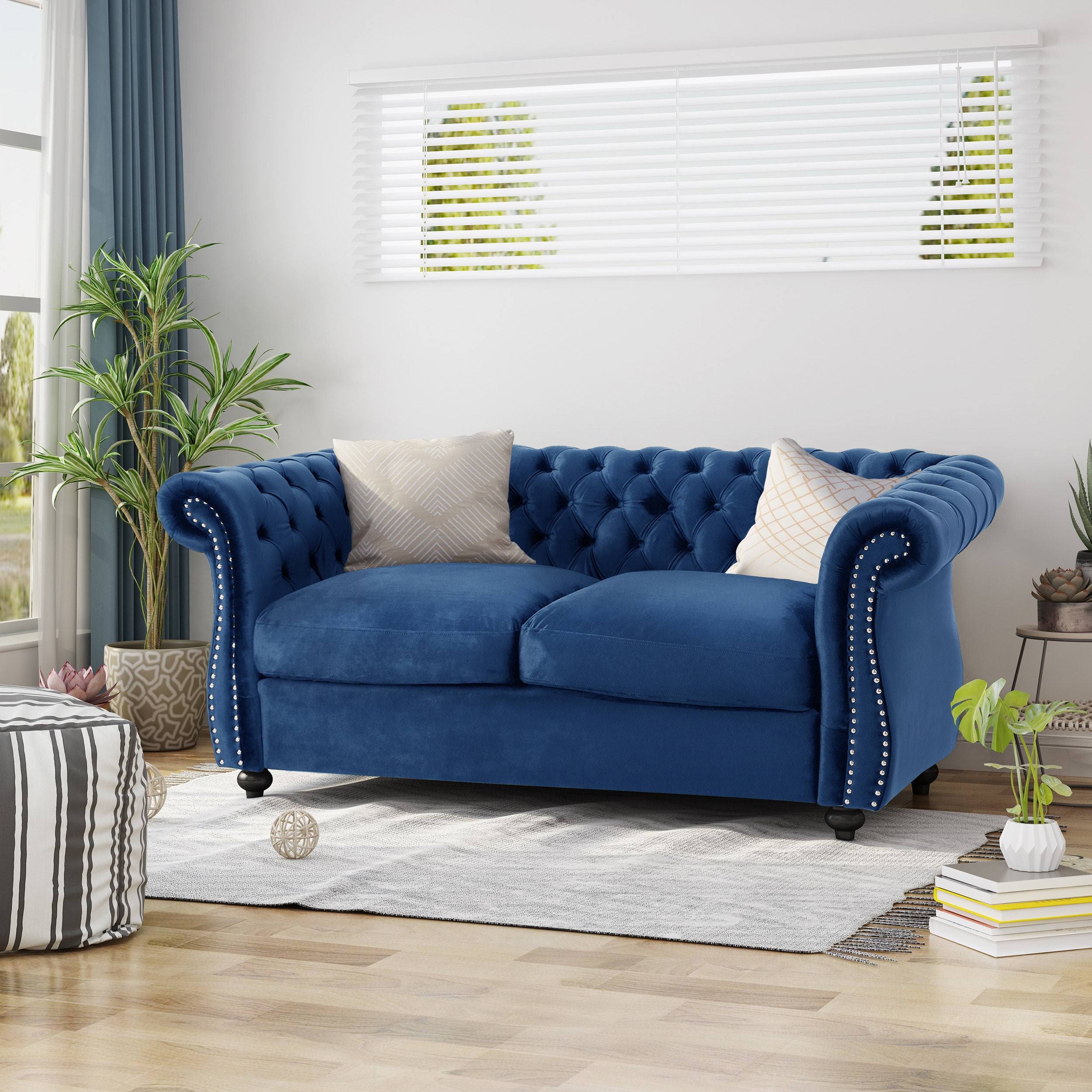Ember Interiors Aaniya Velvet Chesterfield Loveseat Sofa, Navy Blue