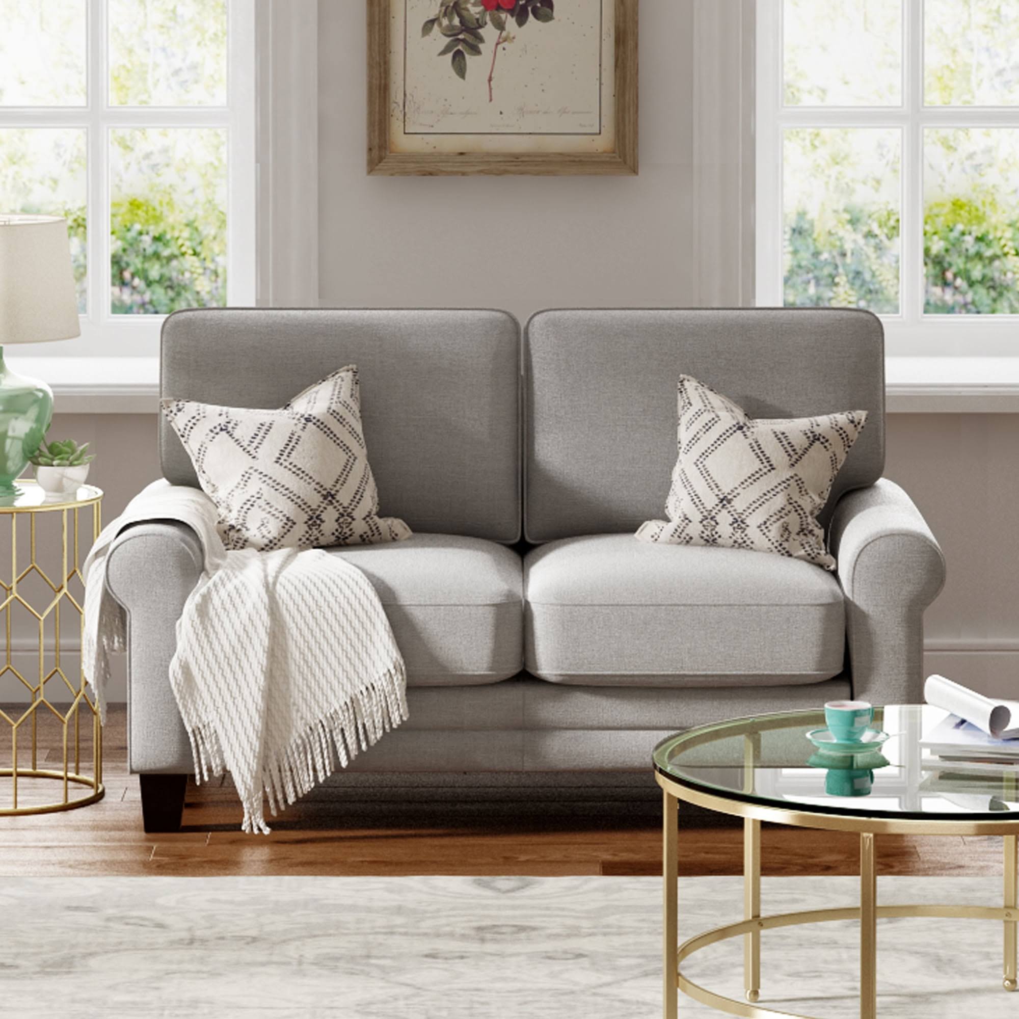Copenhagen Traditional Rolled Arm 61-inch Loveseat, Pebble Gray Fabric