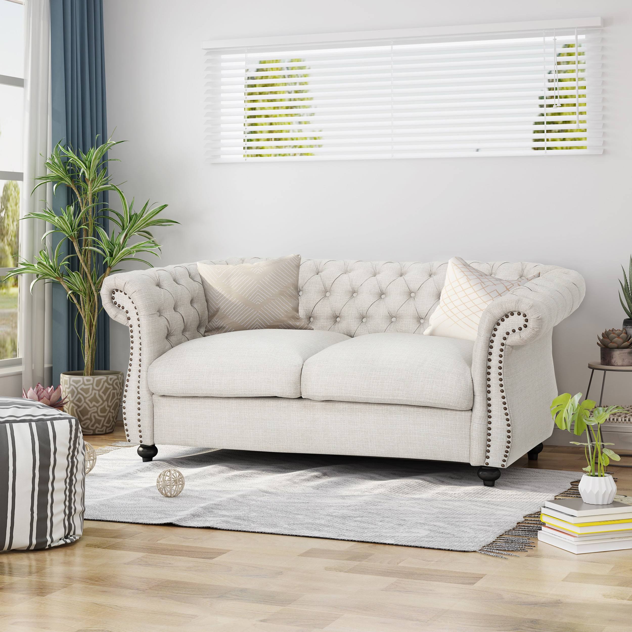 Ember Interiors Aaniya Fabric Chesterfield Loveseat Sofa, Beige