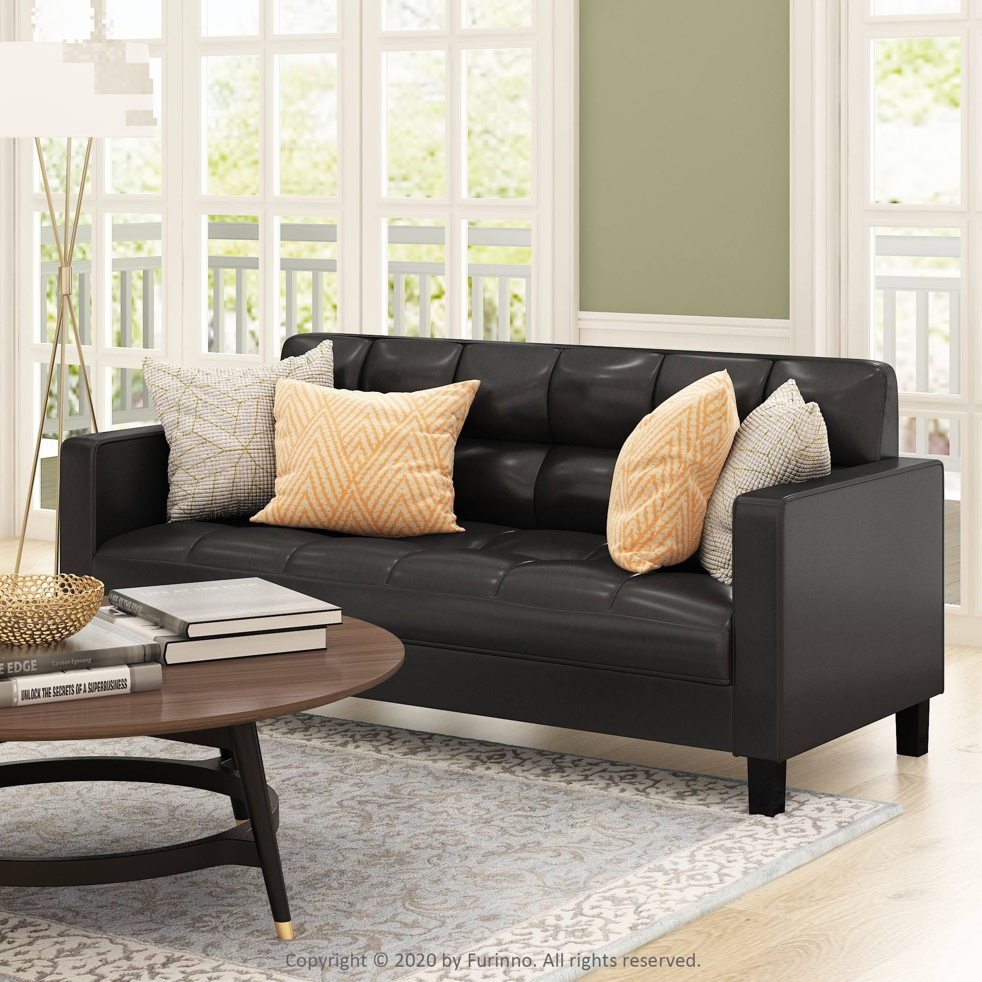Brive Contemporary Tufted 3-Seater Sofa, Black Faux Leather