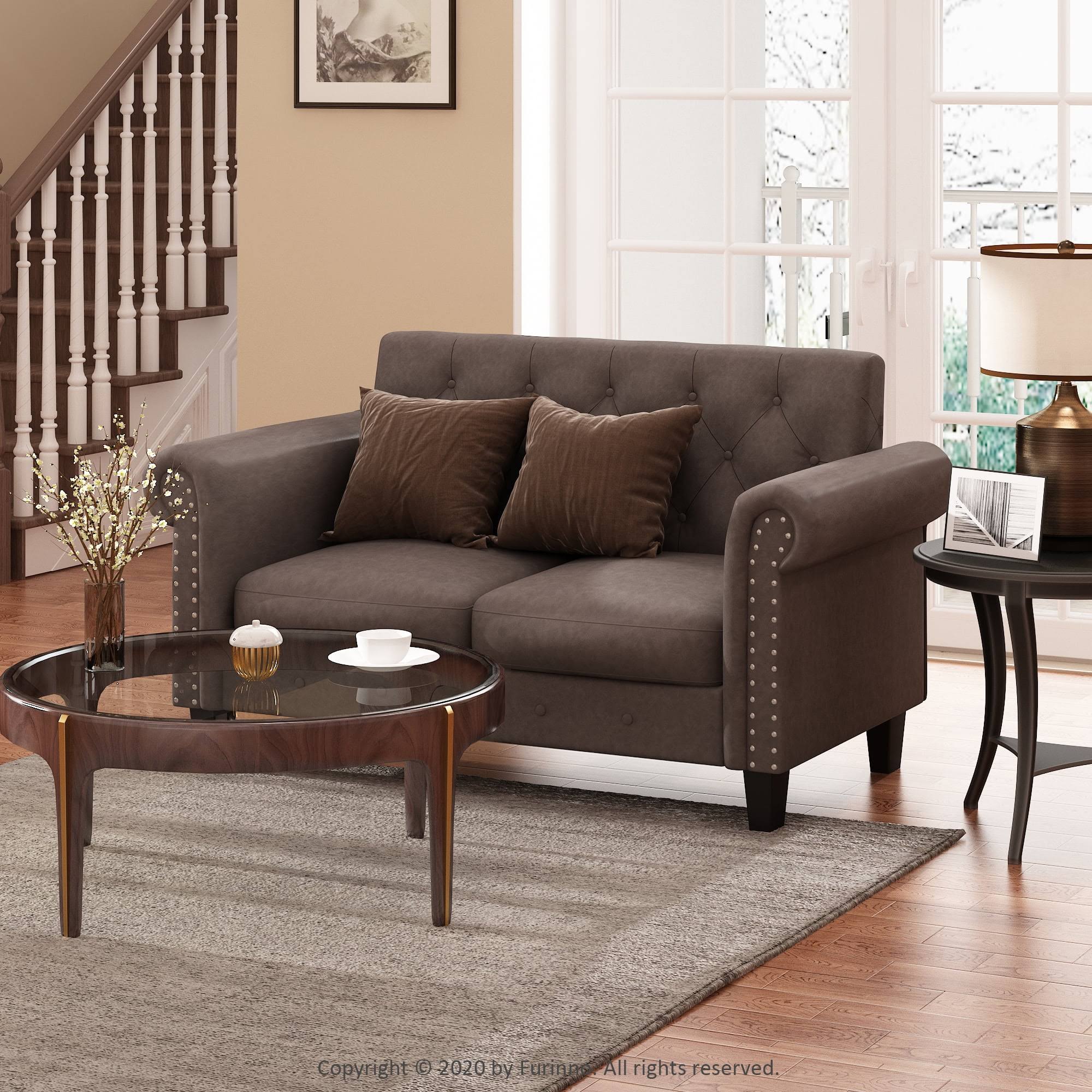 Bastia Vintage Button Tufted Loveseat, Brown Faux Leather