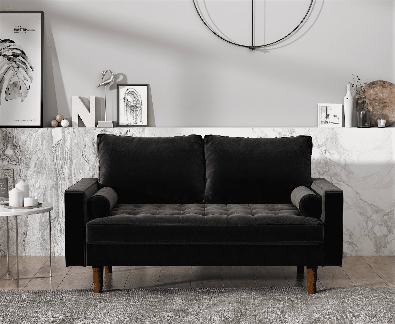 US Pride Furniture Mac Velvet 2 Seater Living Room Loveseat, Black