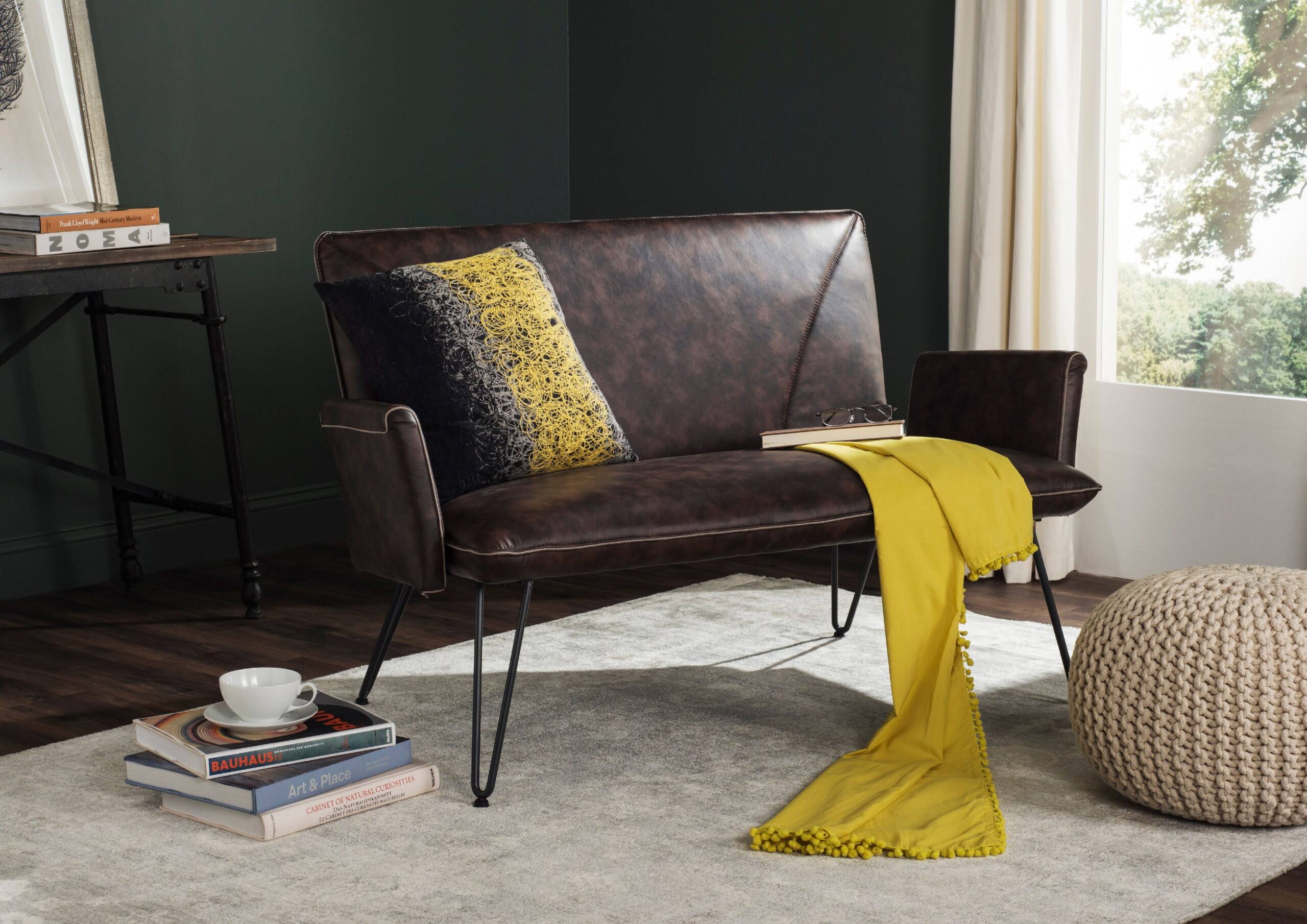 Safavieh Johannes Mid-Century Retro Modern Leather Settee, Antique Brown/Black