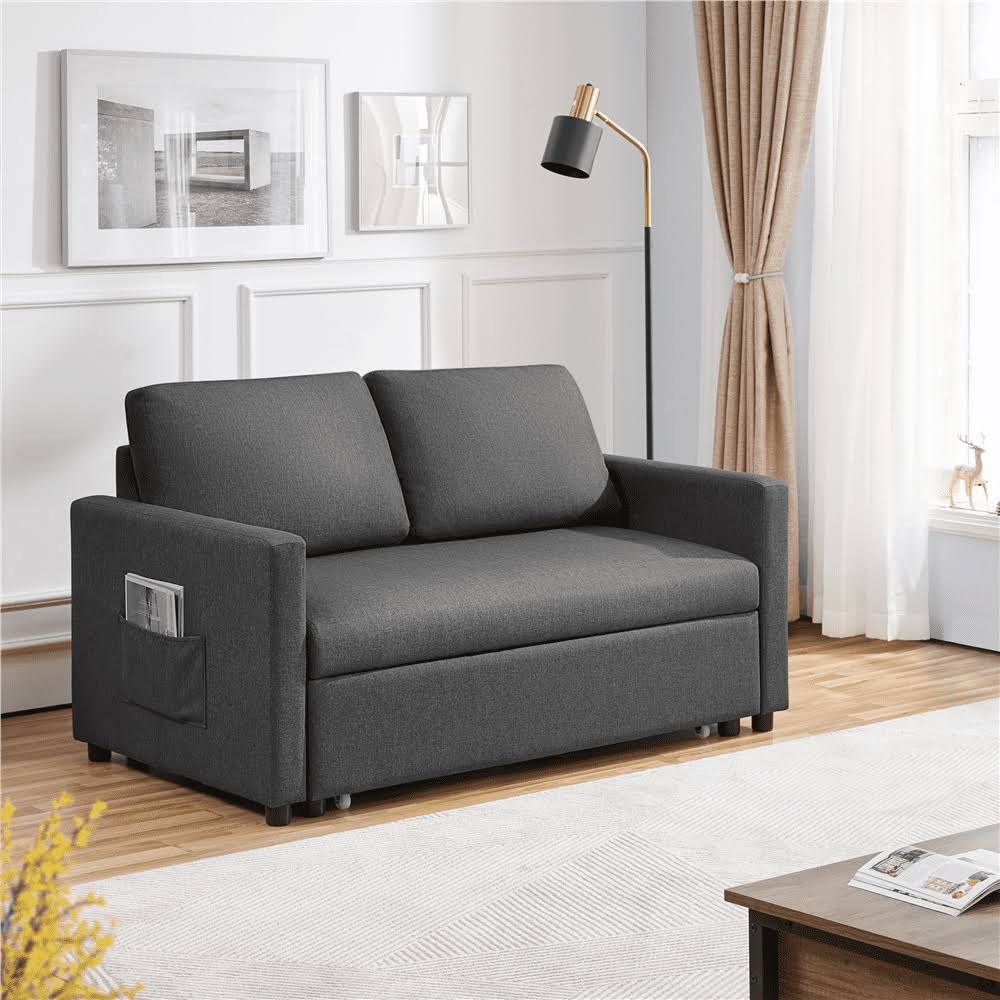 Linen Loveseat Sofa with Pull-Out Trundle Bed, Dark Gray