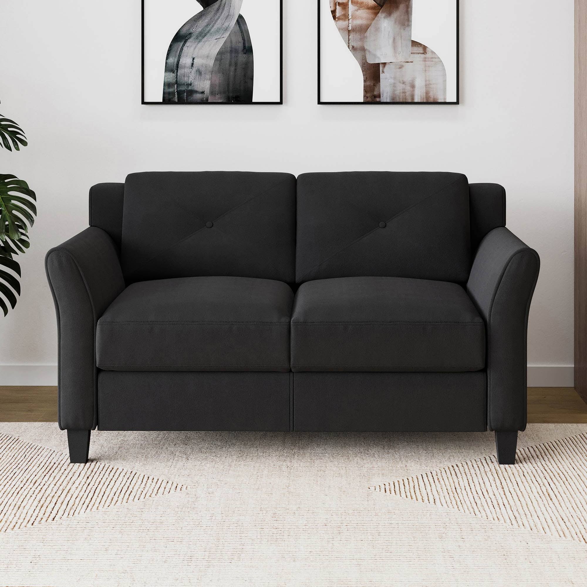 Solutions Taryn Loveseat with Rolled Arms, Black Fabric