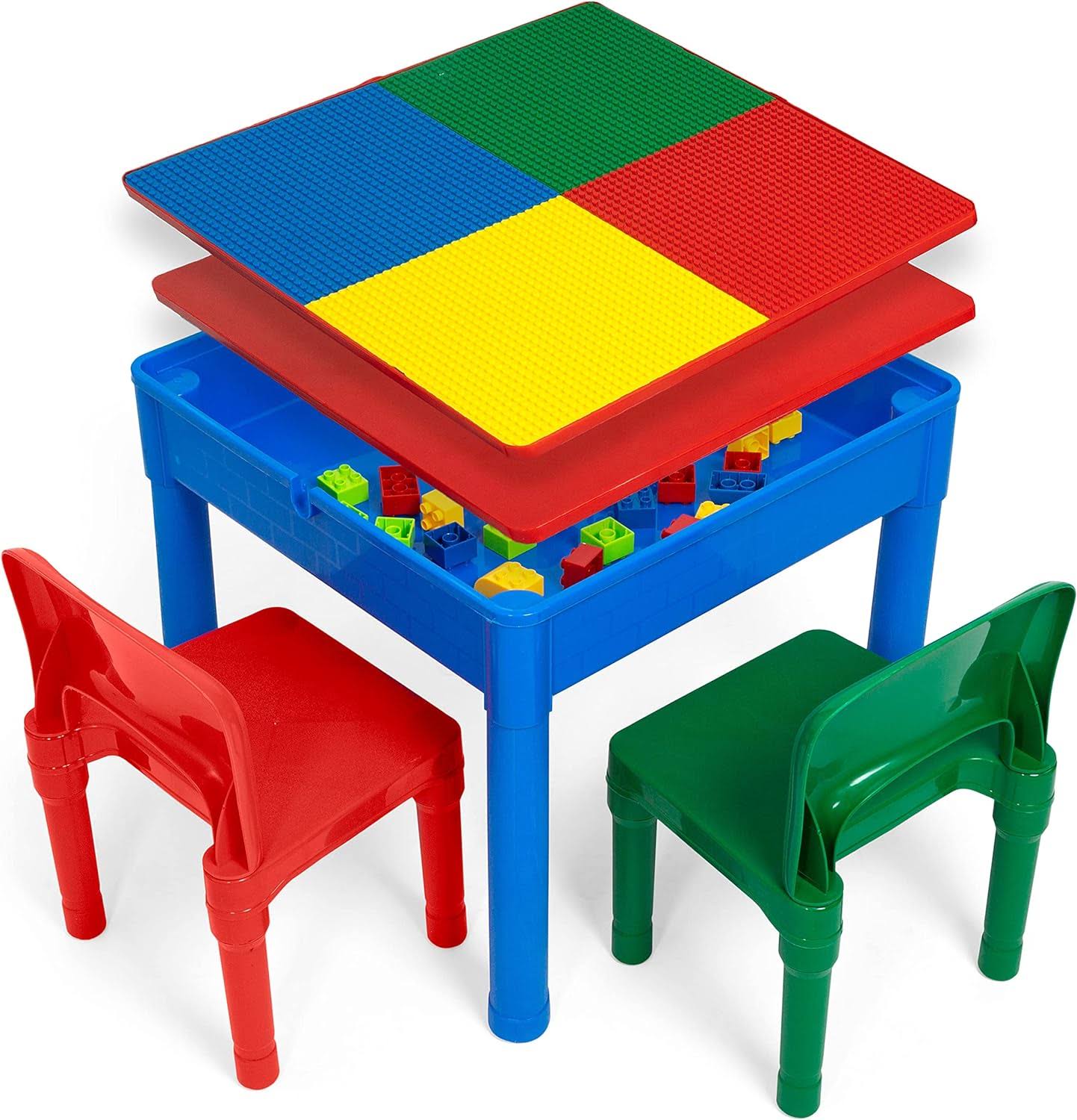 Play Platoon 5 in 1 Kids Activity Table and Chair Set- Stem Table for Toddlers with Water Table, Building Block Table, Craft   Sensory Table for Toddlers with 2 Chairs   25 XL Blocks Primary Colors