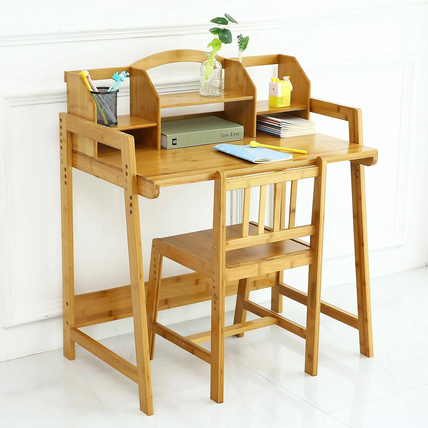 UNICOO   Bamboo Height Adjustable Kids Desk and Chair Set, Children Desk, Study Table and Chair Set (Nature -01)