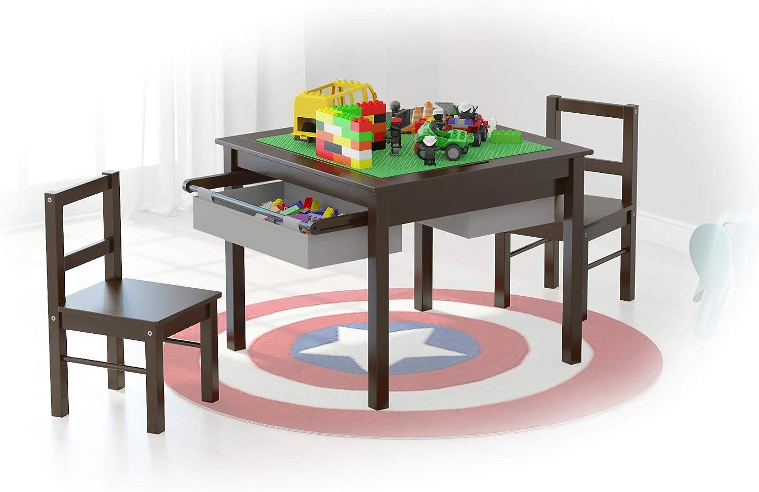 UTEX Wooden 2 in 1 Kids Construction Play Table and 2 Chairs Set with Storage Drawers, and Built in Plate Compatible with Lego and Duplo Bricks (Espresso with Grey Drawer)