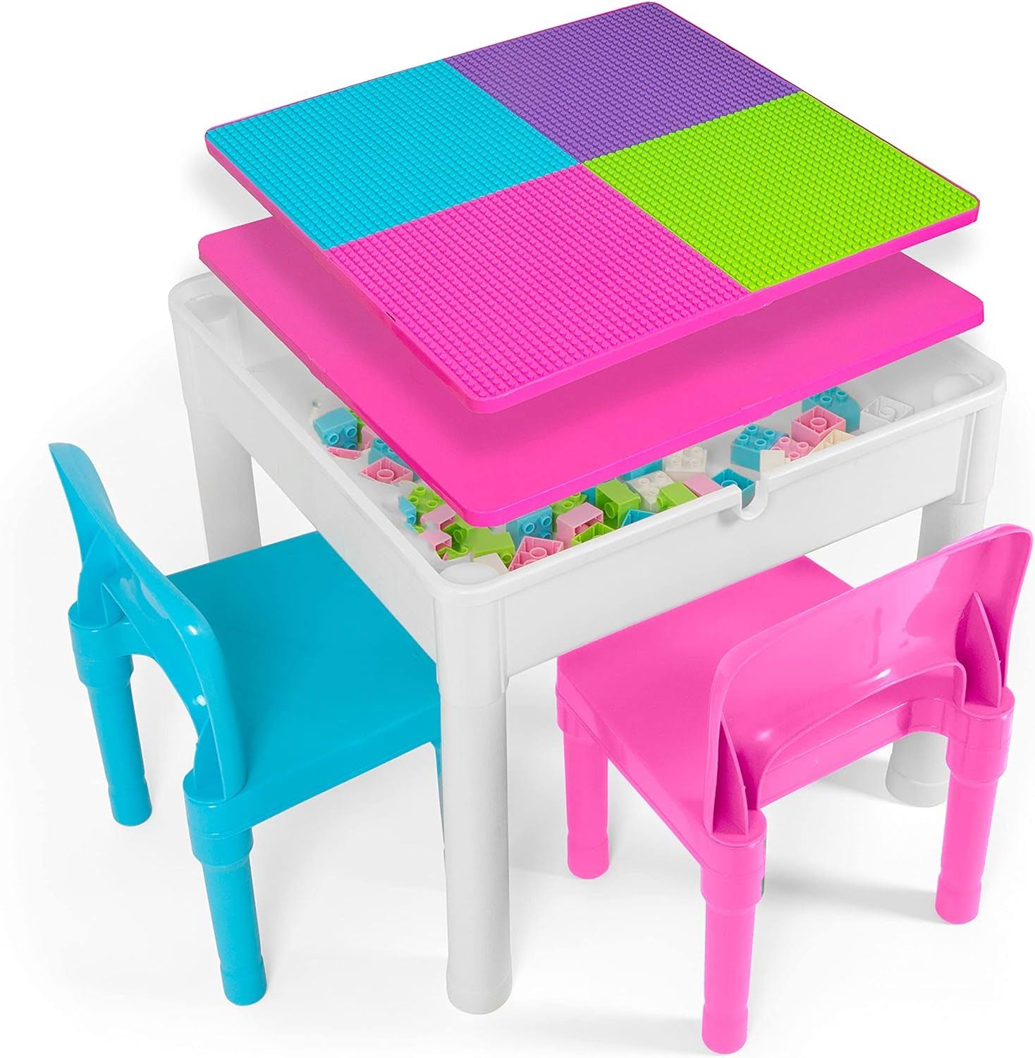Play Platoon 5 in 1 Kids Sensory Activity Table and Chair Set- Toddler Table and Chairs with Water Table, Building Block Table, Craft   Sensory Table for Toddlers with 2 Chairs   25 XL Blocks, Pastel