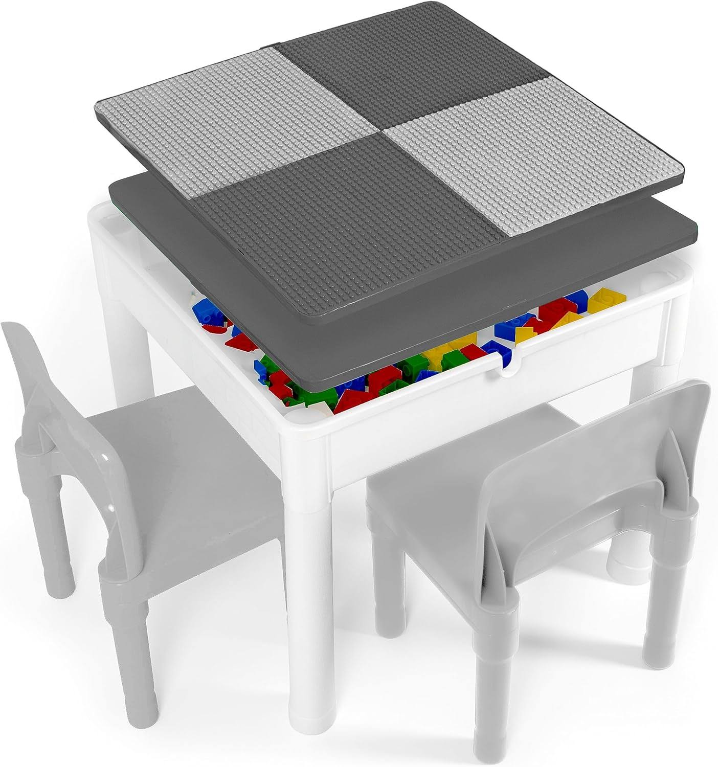 Play Platoon 5 in 1 Kids Activity Table and Chair Set- Stem Table for Toddlers with Water Table, Building Block Table, Craft   Sensory Table for Toddlers with 2 Chairs   25 XL Blocks – Neutral Gray