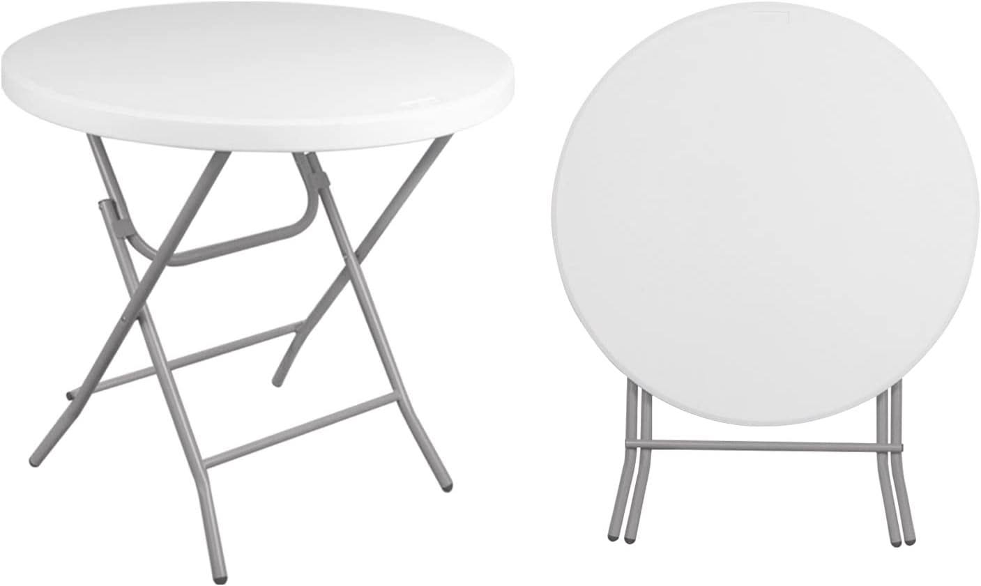 Byliable 32  Round Folding Table Card Table, Foldable Round Plastic Table Indoor Outdoor, Portable Commercial Banquet Table, Coffee Dining Table for Parties, Patio, Wedding Event, White Granite