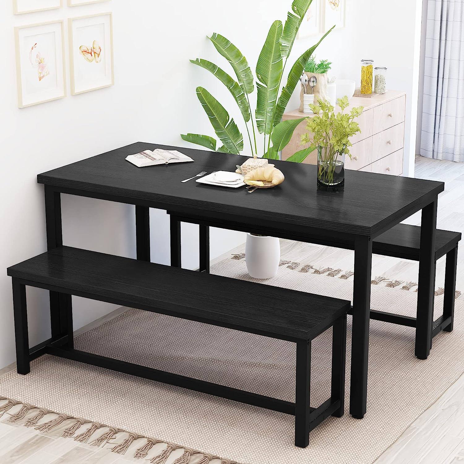 Recaceik 3 Piece Dining Table Set for 4, 43.3  Kitchen Table Set with 2 Benches, Space Saving Dinette with Chairs Metal Frame   MDF Board Dining Room Table for Kitchen, Breakfast Nook, Black
