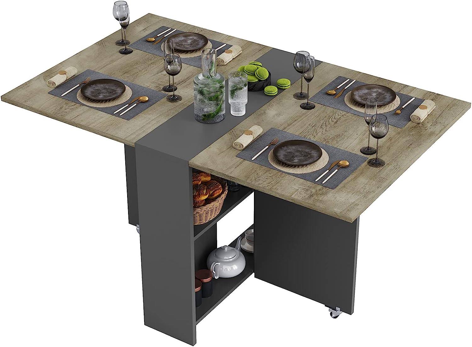 Tiptiper Folding Dining Table with 2 Storage Racks, Drop Leaf, 6 Wheels, Multifunction Expandable Table for Kitchen, Bedroom, Living Room