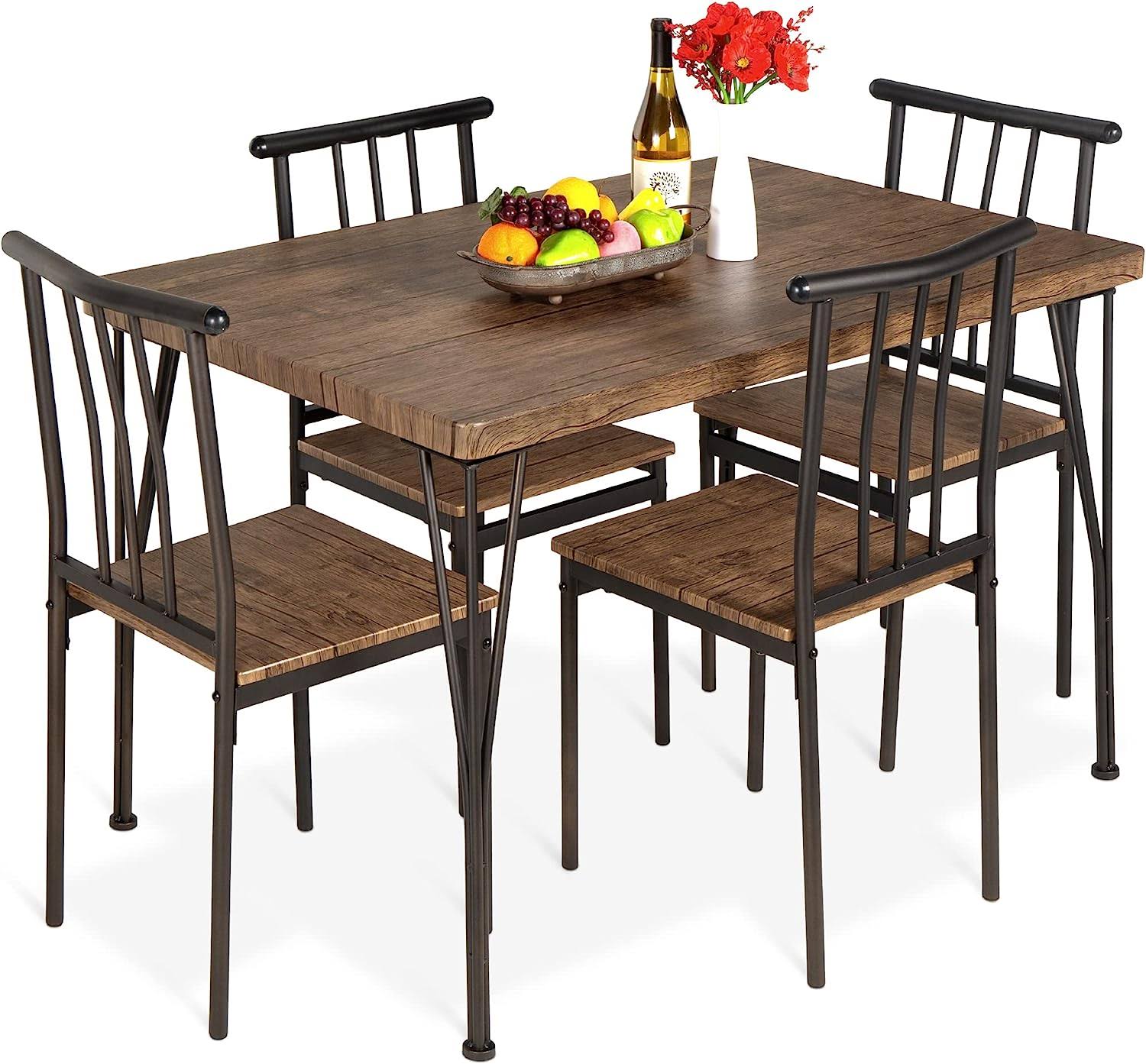 Products 5-Piece Metal and Wood Indoor Modern Rectangular Dining Table Furniture Set for Kitchen, Dining Room, Dinette, Breakfast Nook w/ 4 Chairs   Drift Brown