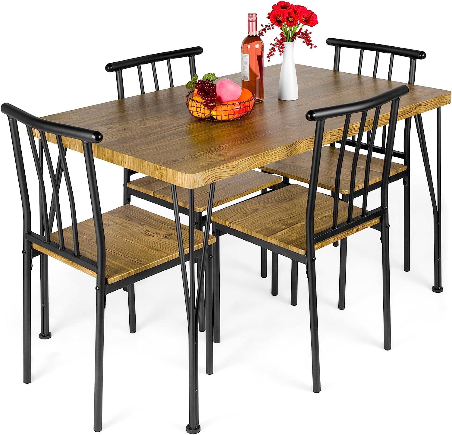 Products 5-Piece Metal and Wood Indoor Modern Rectangular Dining Table Furniture Set for Kitchen, Dining Room, Dinette, Breakfast Nook w4 Chairs   Brown