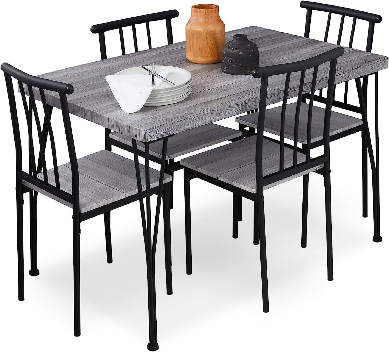 Products 5-Piece Metal and Wood Indoor Modern Rectangular Dining Table Furniture Set for Kitchen, Dining Room, Dinette, Breakfast Nook w/ 4 Chairs   Gray