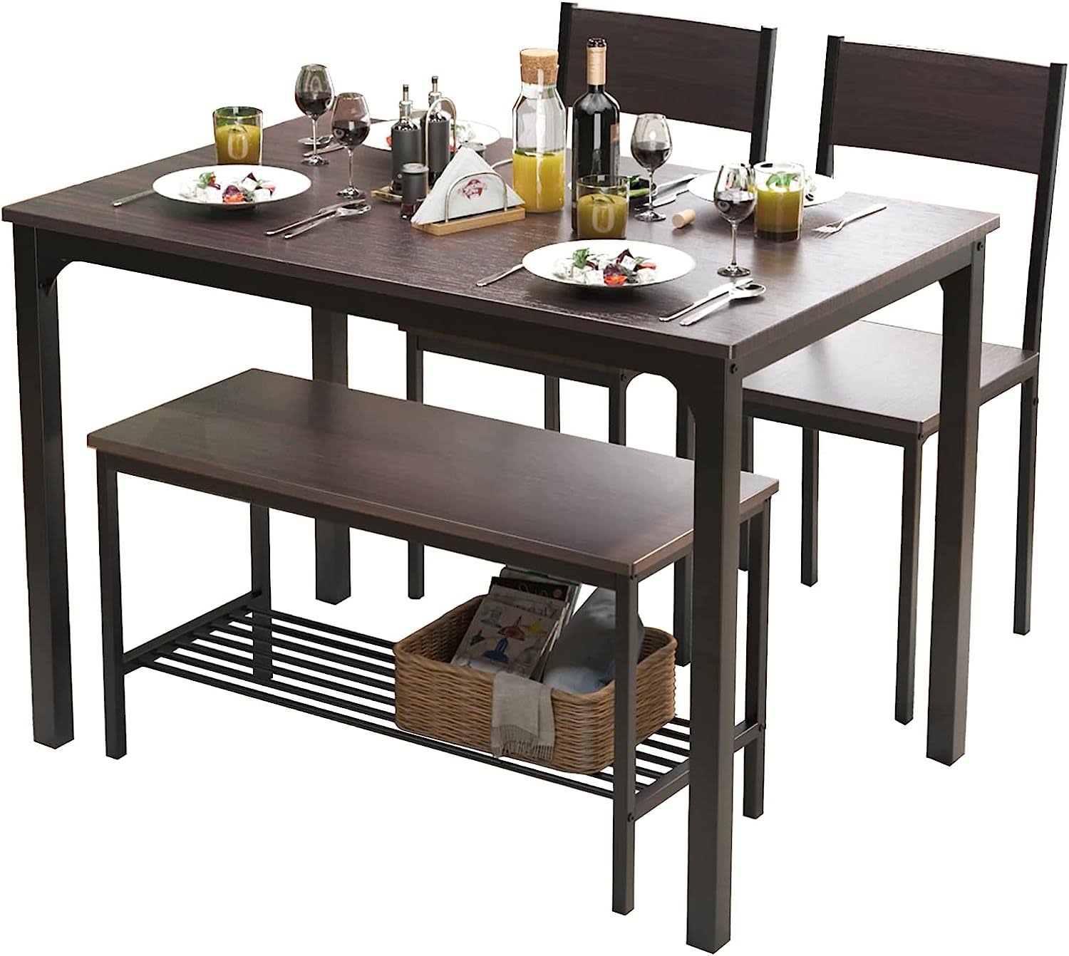 soges 4 Person Dining Table Set,43.3 inch Kitchen Table Set for 4,2 Chairs with Backrest,2-Person Bench with Storage Rack,Nesting Furniture Set for Dining Room and Restaurant, Rustic Oak