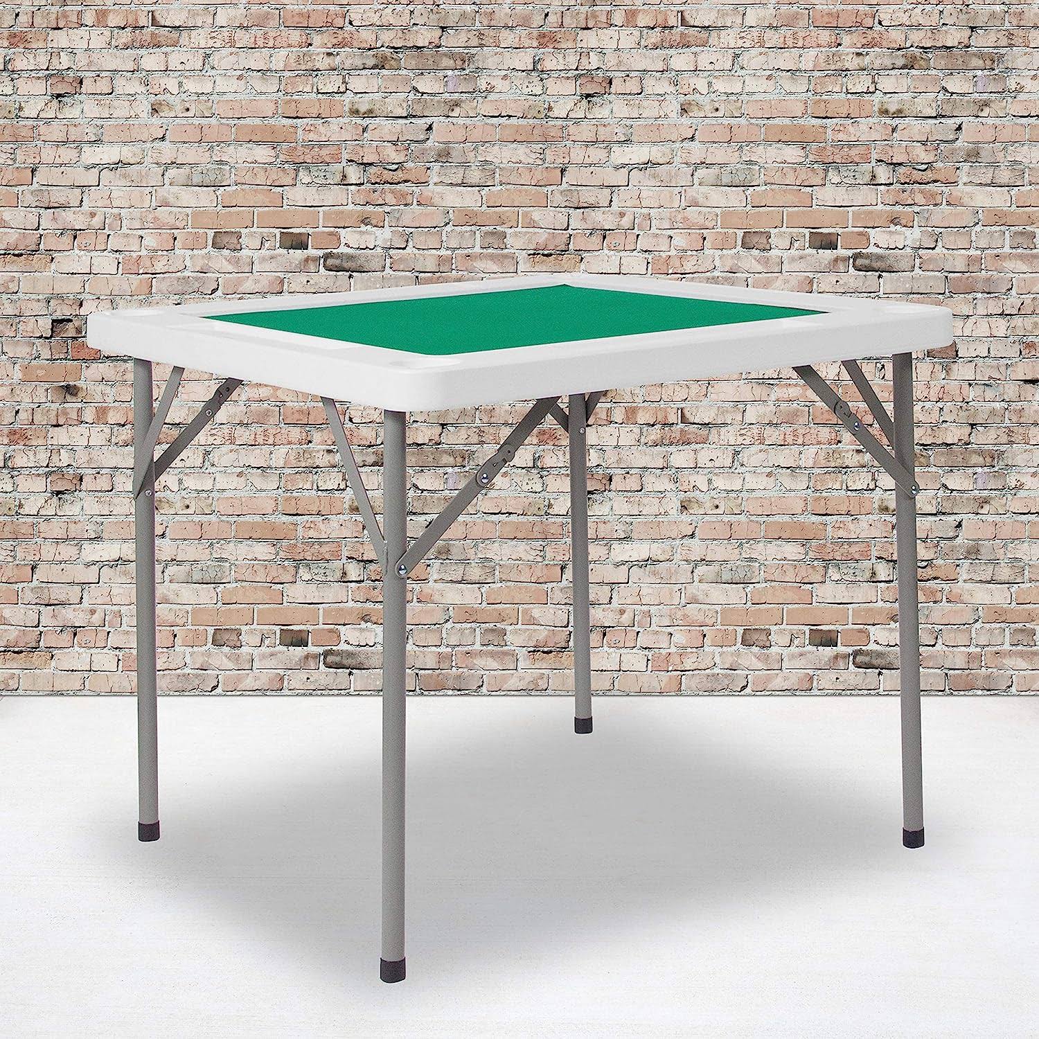 Silas 34.5  Square 4-Player Folding Card Game Table with Green Playing Surface and Cup Holders, Granite White