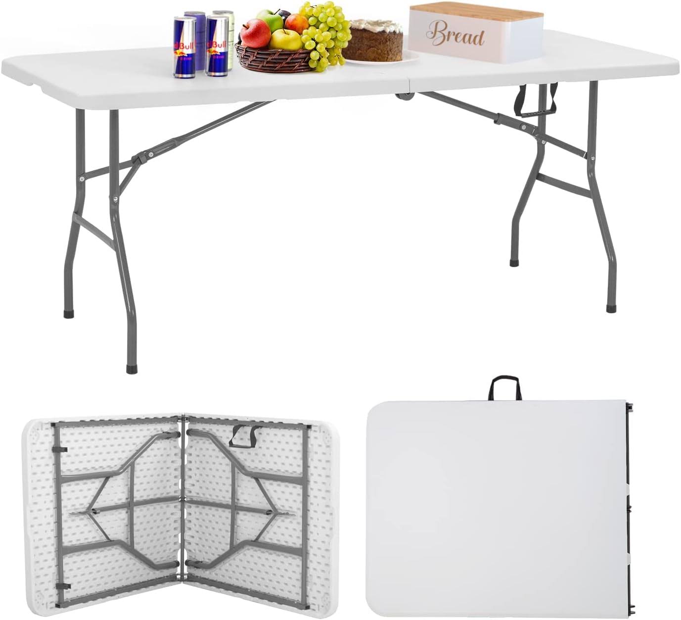 FDW Folding Tables, Plastic 6ft Folding Table,Half Portable Foldable Table for Parties, Backyard Events,White