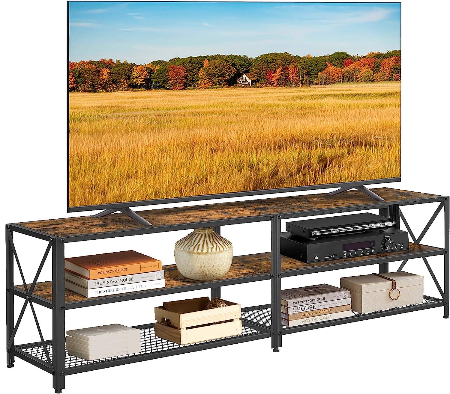 TV Stand, TV Console for TVs Up to 70 Inches, TV Table, 63 Inches Width, TV Cabinet with Storage Shelves, Steel Frame, for Living Room, Bedroom, Rustic Brown and Black ULTV095B01