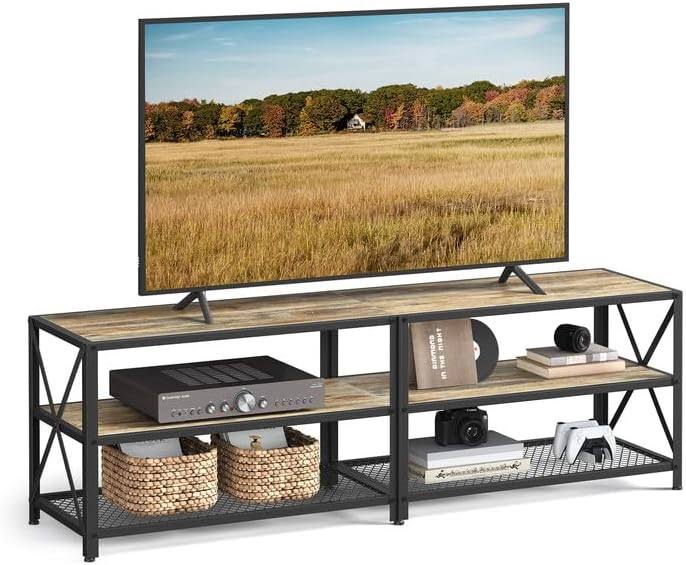 TV Stand, TV Console for TVs Up to 70 Inches, TV Table, 63 Inches Width, TV Cabinet with Storage Shelves, Steel Frame, for Living Room, Bedroom, Turquoise Brown and Black ULTV095B60