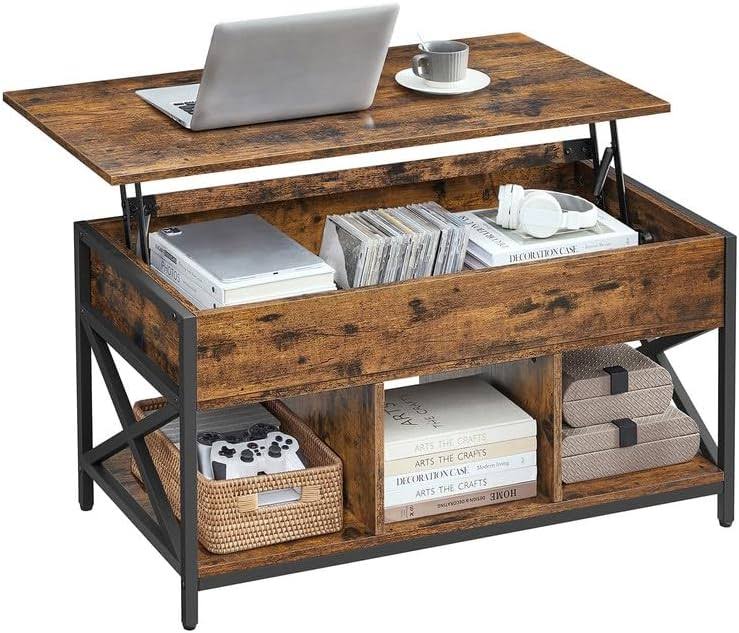 Lift Top Coffee Table for Living Room, Industrial Coffee Table with Hidden Compartments and Storage Shelf, Steel Frame, 19.7 x 39.4 x (19.3-24.4) Inches, Rustic Brown and Black ULCT202B01