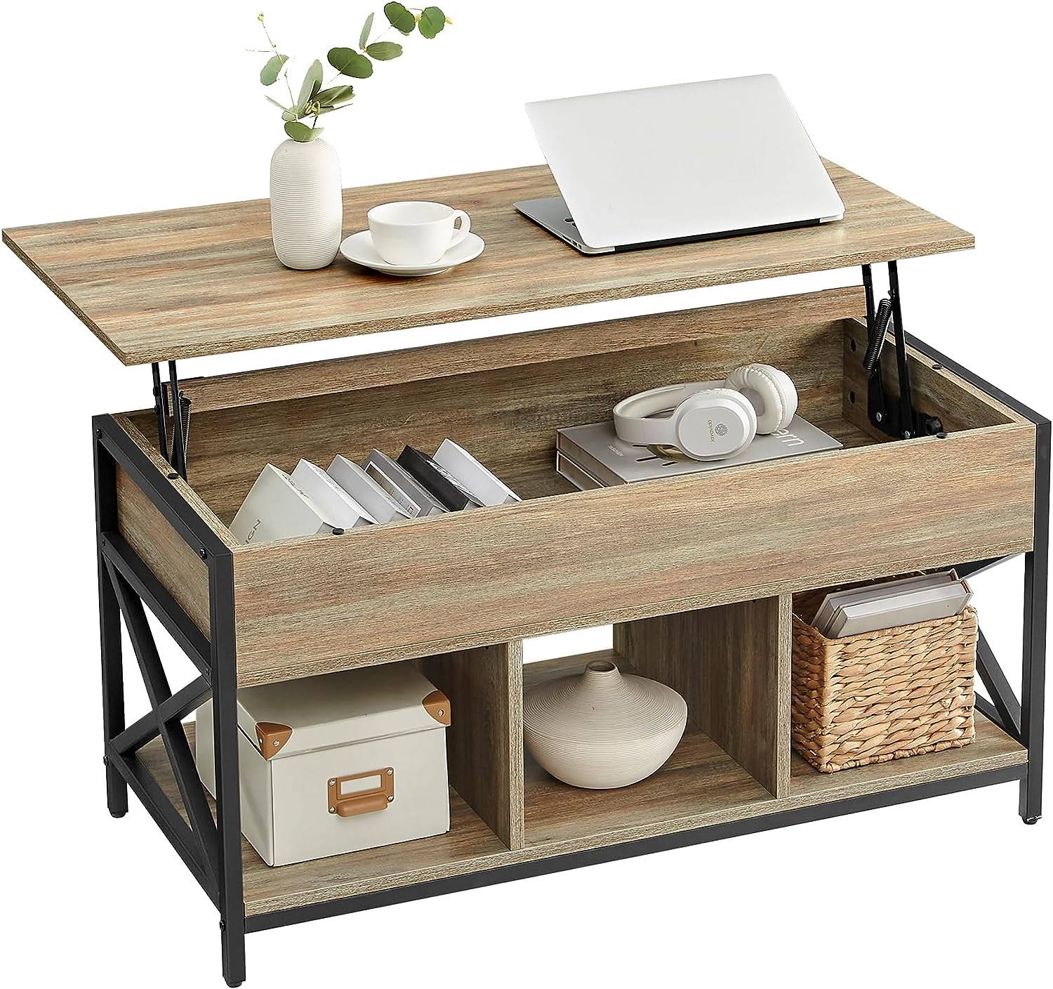 Lift Top Coffee Table for Living Room, Industrial Coffee Table with Hidden Compartments and Storage Shelf, Steel Frame, 19.7 x 39.4 x (19.3-24.4) Inches, Oak with Blue Grains ULCT202B60