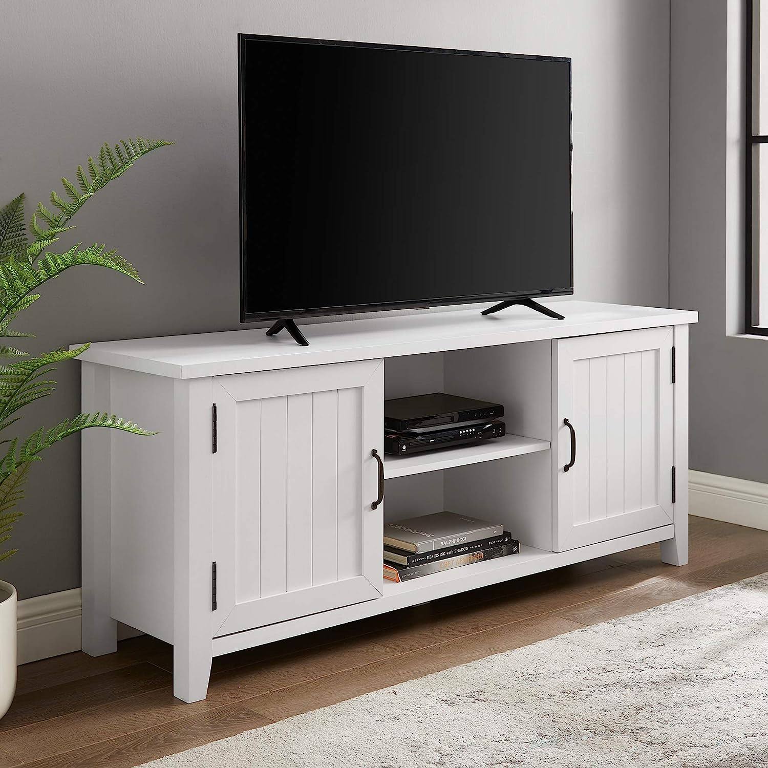 Walker Edison Buren Classic Grooved Door TV Stand for TVs up to 65 Inches, 58 Inch, Solid White