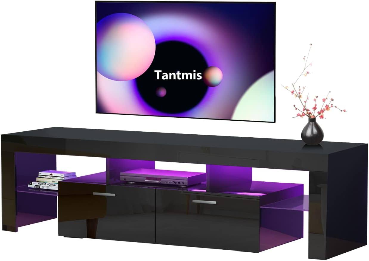Tantmis Black LED TV Stand for 55/65/70/75 inch TV, TV Media Center, Modern Entertainment Center with Large Storage for Living Room, Bedroom, Gaming TV Stand, 63 W*14 D*18 H