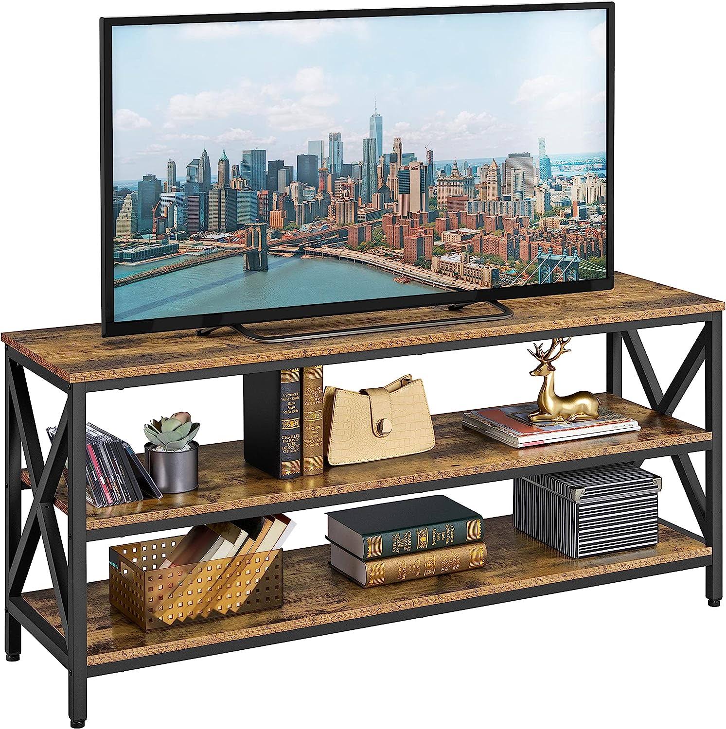Industrial TV Stand for TV up to 65 inch, 55  TV Cabinet with 3 Tier Storage Shelves for Living Room, Entertainment Center TV Console Table with Metal Frame, Rustic Brown
