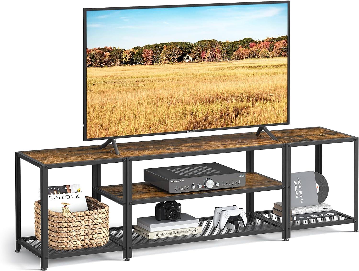 Modern TV Stand for TVs up to 75 Inches, 3-Tier Entertainment Center, Industrial TV Console Table with Open Storage Shelves, for Living Room, Bedroom, Rustic Brown and Black ULTV098B01