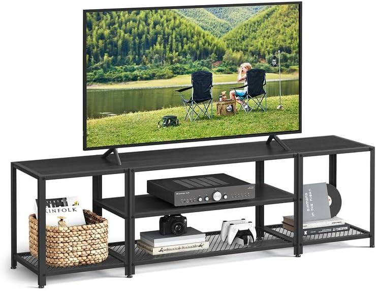 Modern TV Stand for TVs up to 75 Inches, 3-Tier Entertainment Center, Industrial TV Console Table with Open Storage Shelves, for Living Room, Bedroom, Black with Wood Grain ULTV098B22