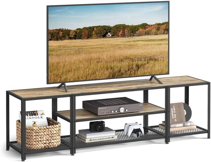 Modern TV Stand for TVs up to 75 Inches, 3-Tier Entertainment Center, Industrial TV Console Table with Open Storage Shelves, for Living Room, Bedroom, Turquoise Brown and Black ULTV098B60